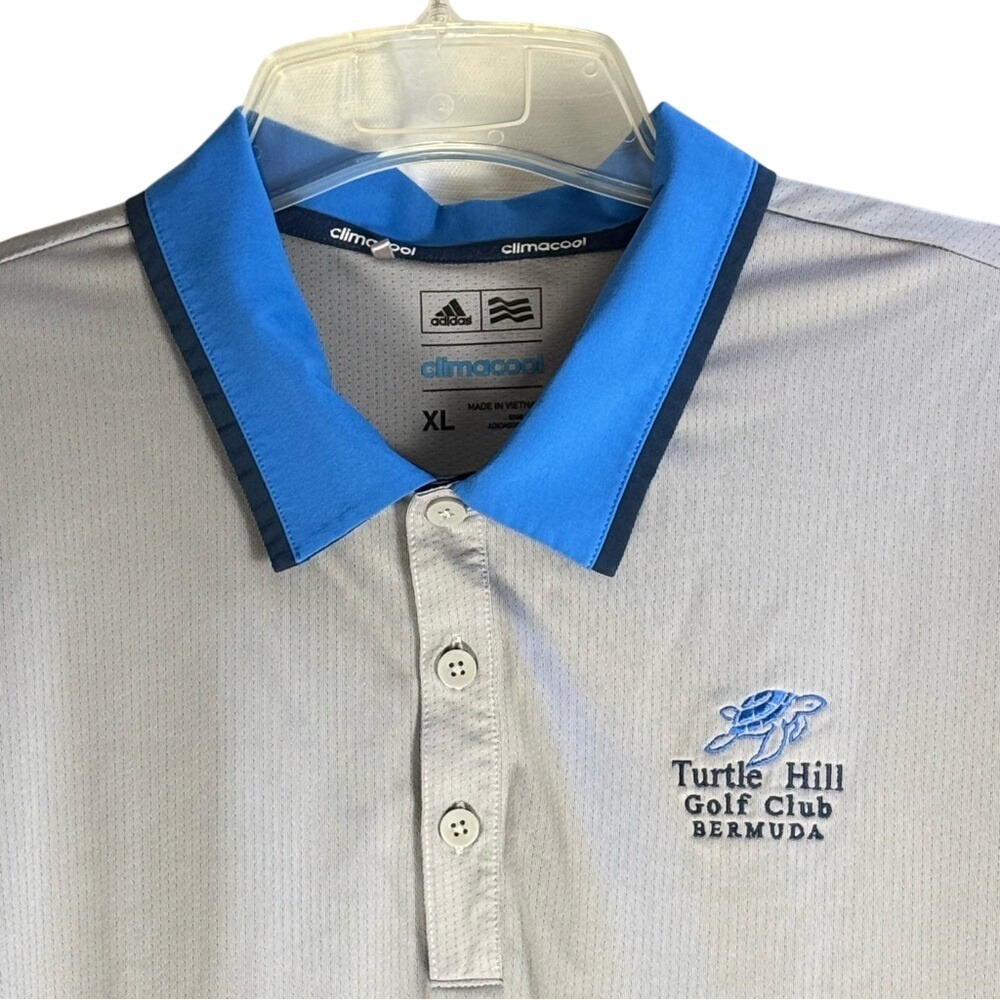 Adidas Turtle Hill Golf Club Bermuda ClimaCool Golf Polo Shirt Mens XL Gray Blue